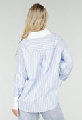Lichtblauwe Gestreepte Blouse met Strass Steentjes en Lange Mouwen