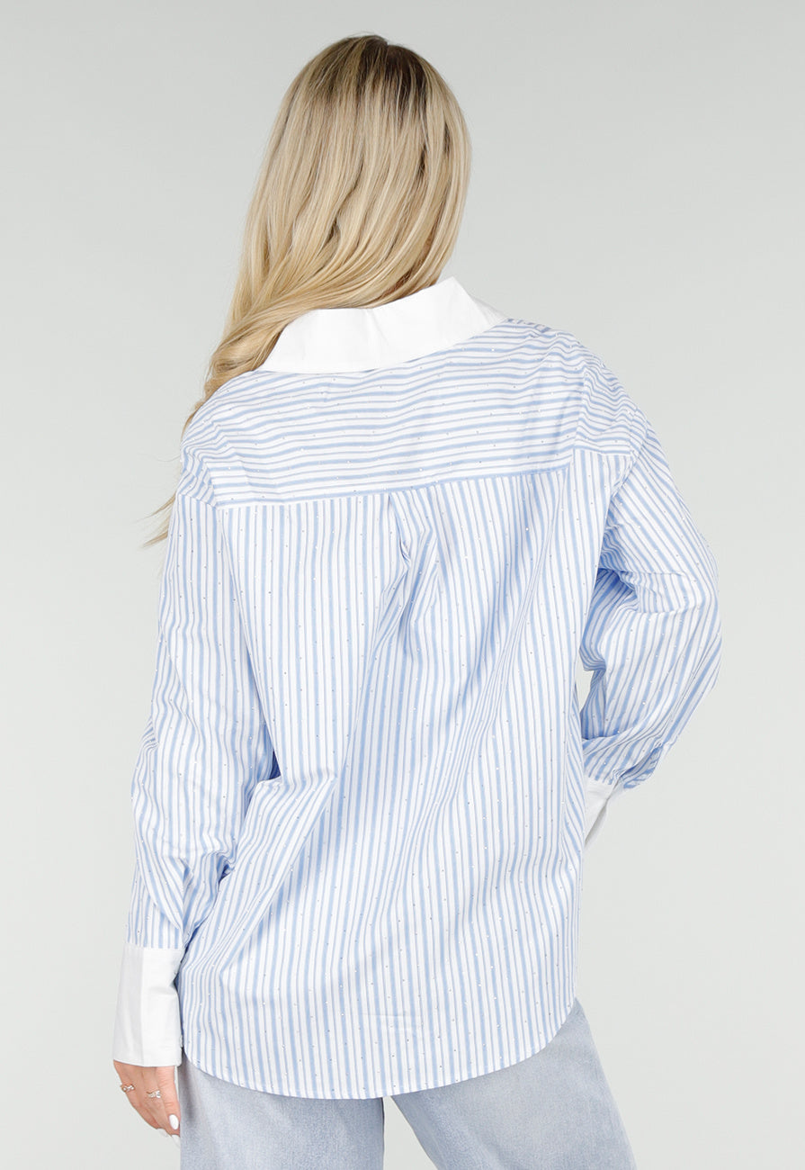 Lichtblauwe Gestreepte Blouse met Strass Steentjes en Lange Mouwen