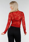 Rode Kanten Mesh Top met Lange Mouwen en Col