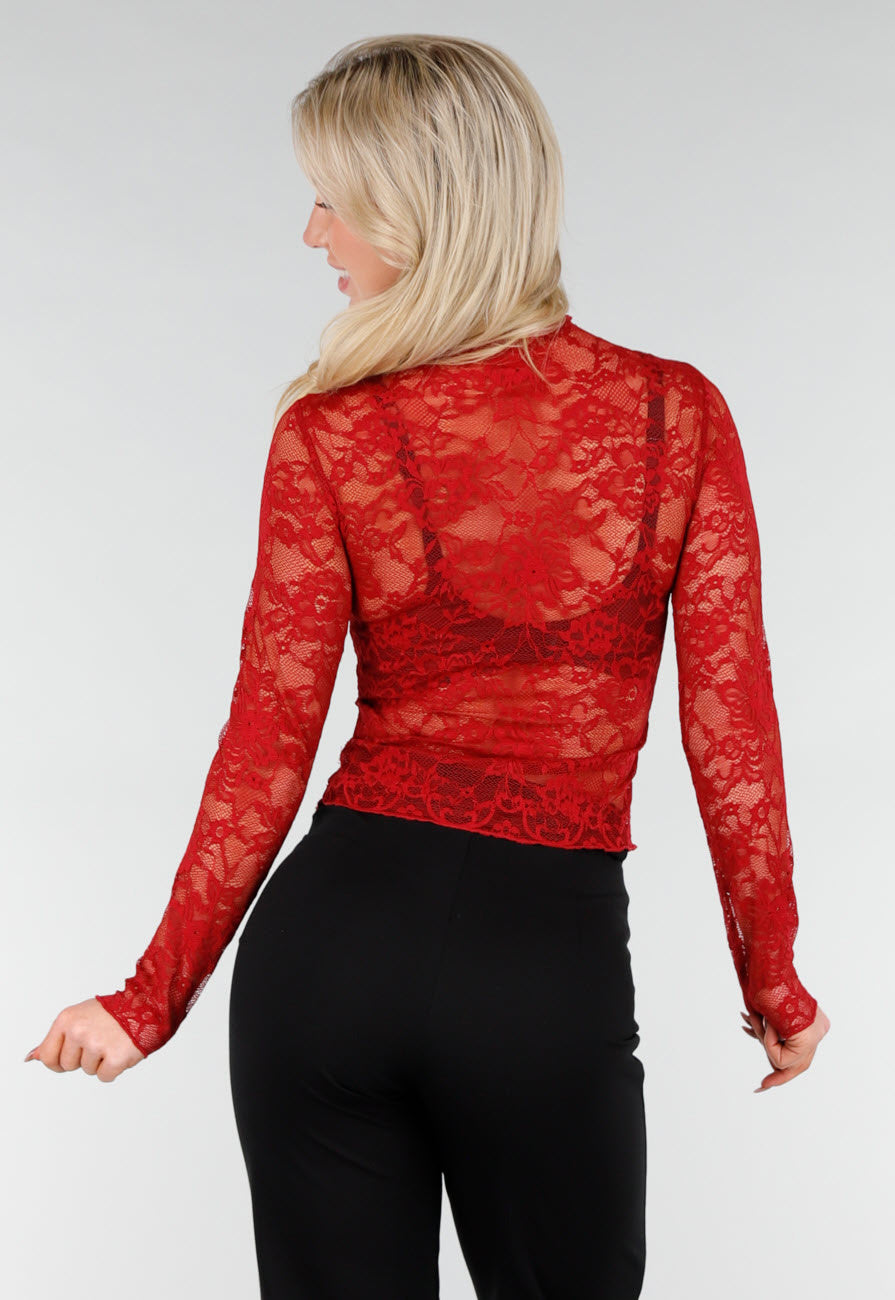 Rode Kanten Mesh Top met Lange Mouwen en Col