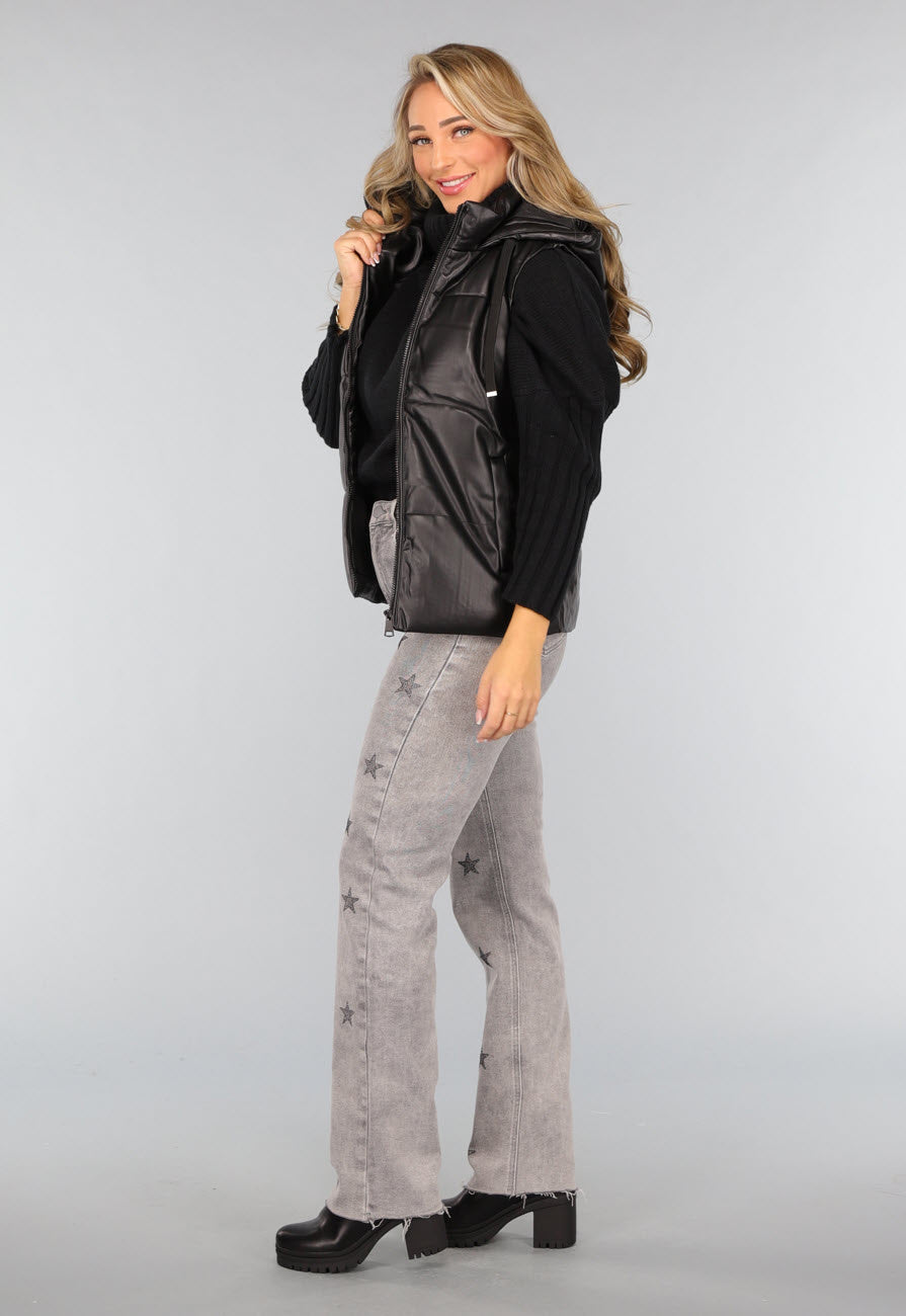 Zwarte Lederlook Bodywarmer met Capuchon
