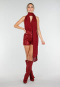 Bordeauxrode Pailletten Playsuit met Open Rug en Strikdetail