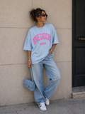 Lichtblauw Oversized T-Shirt met Roze Rive Gauche Tekstprint
