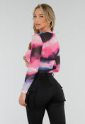 Zwart Roze Watercolor Stretch Mesh Cropped Top met Lange Mouwen en Geplooid Detail
