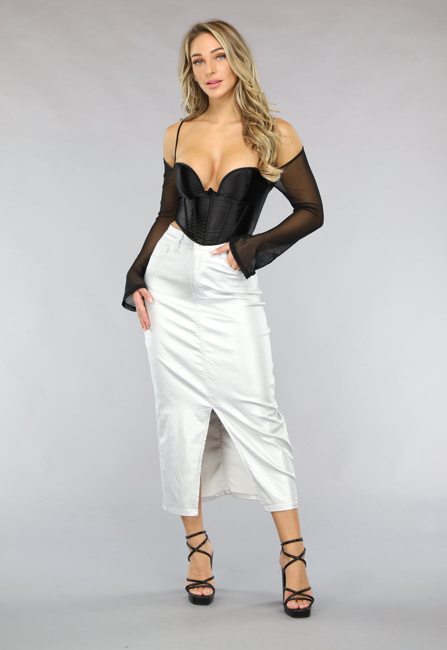 Redial Jeans  Zilveren Metallic Midi Rok met Split