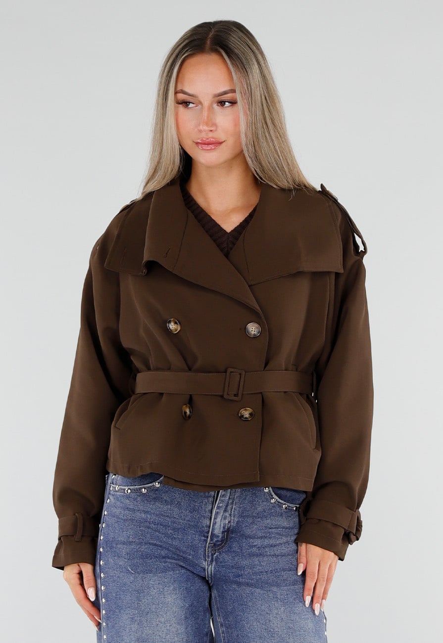 Bruin Kort Trench Jasje met Tailleband en Dubbele Knopen