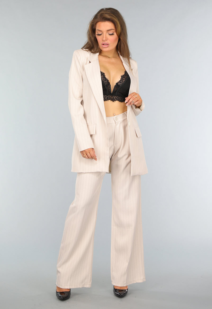 Beige Halflange Blazer met Streepjes Patroon
