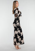 Zwarte Lange Jurk met Stretch en Beige Bloemenprint