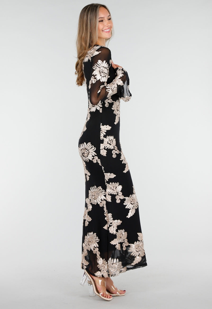 Zwarte Lange Jurk met Stretch en Beige Bloemenprint