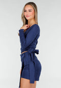 Donkerblauwe Suede Overslag Top met Stretch