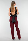 Zwarte Stretch Satijnen Top met Pads en Open Rug met Strik