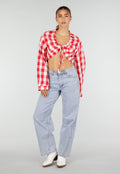Rood Wit Geruite Cropped Blouse met Striksluiting