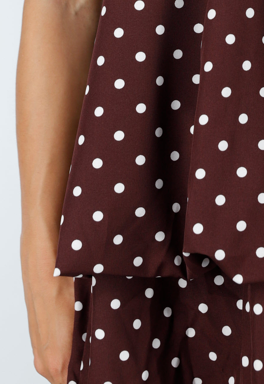 Bruine Halter Jurk met Witte Stippen en Open Rug