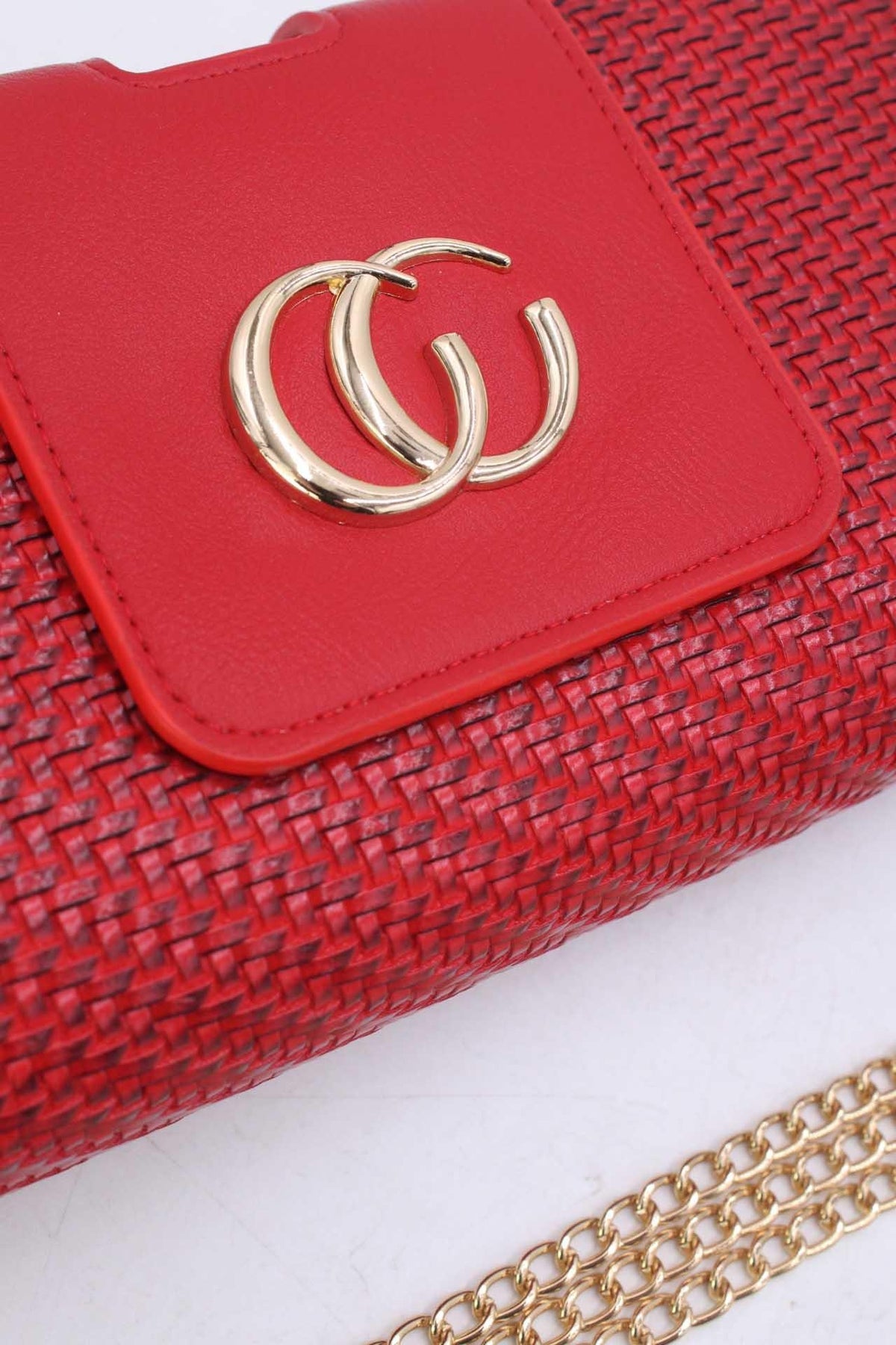 Rode Gevlochten Clutch van Imitatieleer met Gouden Schouderketting