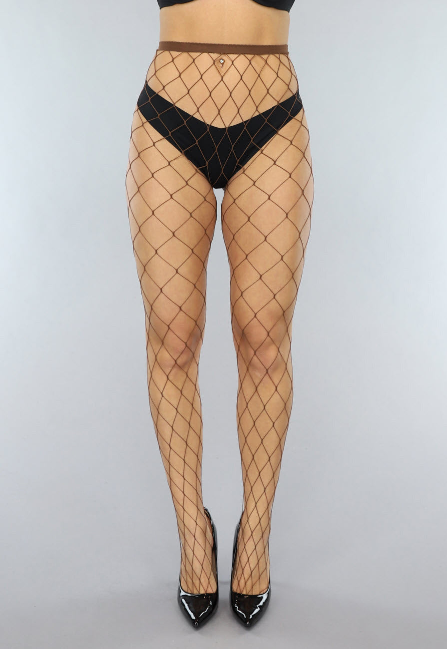 Bruine Visnet Panty met Extra Groot Patroon