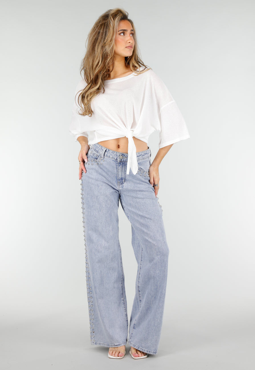 Lichtblauwe Denim Wide Leg Jeans met Studs en Mid Waist