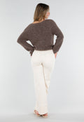 Bruine Gebreide Twist Crop Trui met Lange Mouwen en V-Hals