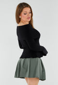 Zwarte Off Shoulder Gebreide Trui met Uitlopende Mouwen