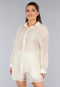 Crème 2-Delig Set met Doorschijnende Blouse en Elastische Short