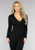 Stretchy Zwarte Rib Jumpsuit met Knoopjes