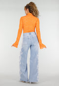 Lichtblauwe Denim Wide Leg Jeans met Kantdetail en Hoge Taille