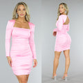 Roze Longsleeve Satin Bodycon Jurk met Open Rug
