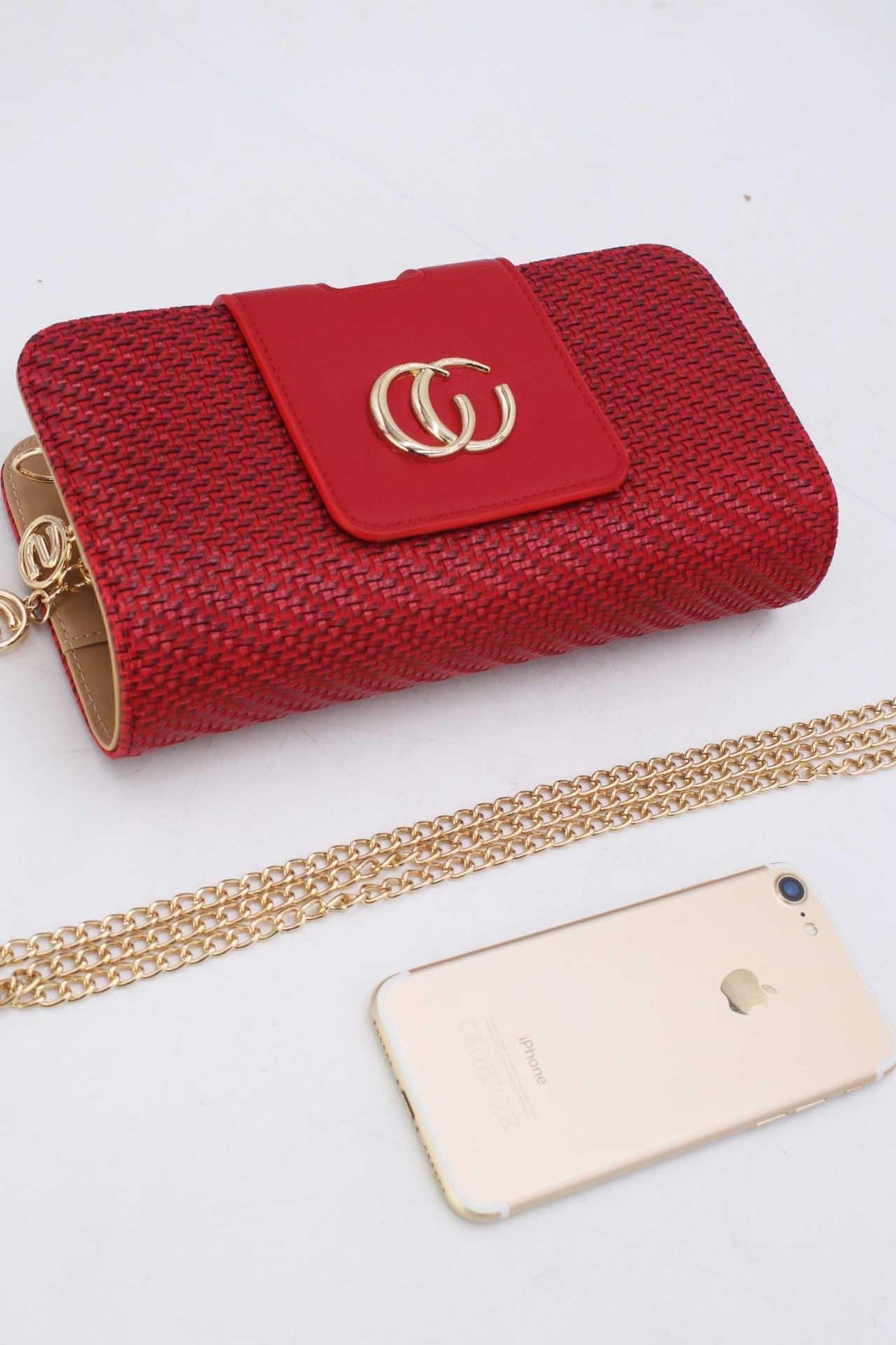 Rode Gevlochten Clutch van Imitatieleer met Gouden Schouderketting