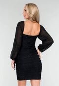 Geplooide Zwarte Glitter Jurk met V Decolleté met Chiffon Mouwen