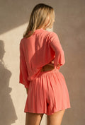 Koraal Matchende Set met Blouse, Shorts en Elastische Taille