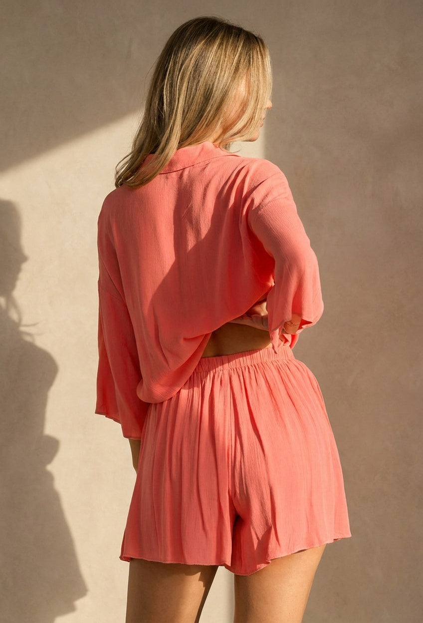 Koraal Matchende Set met Blouse, Shorts en Elastische Taille