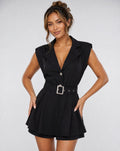 Zwarte Blazer Playsuit met Schoudervulling en Riem