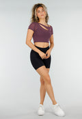 Paarse Mesh Crop Top met Korte Mouwen en Cut Out