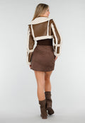Korte Bruine Lederlook Jas met Imitatiebont