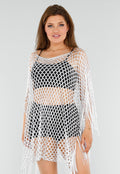 Witte Fishnet Cover-Up met Franjes en Puntige Zoom