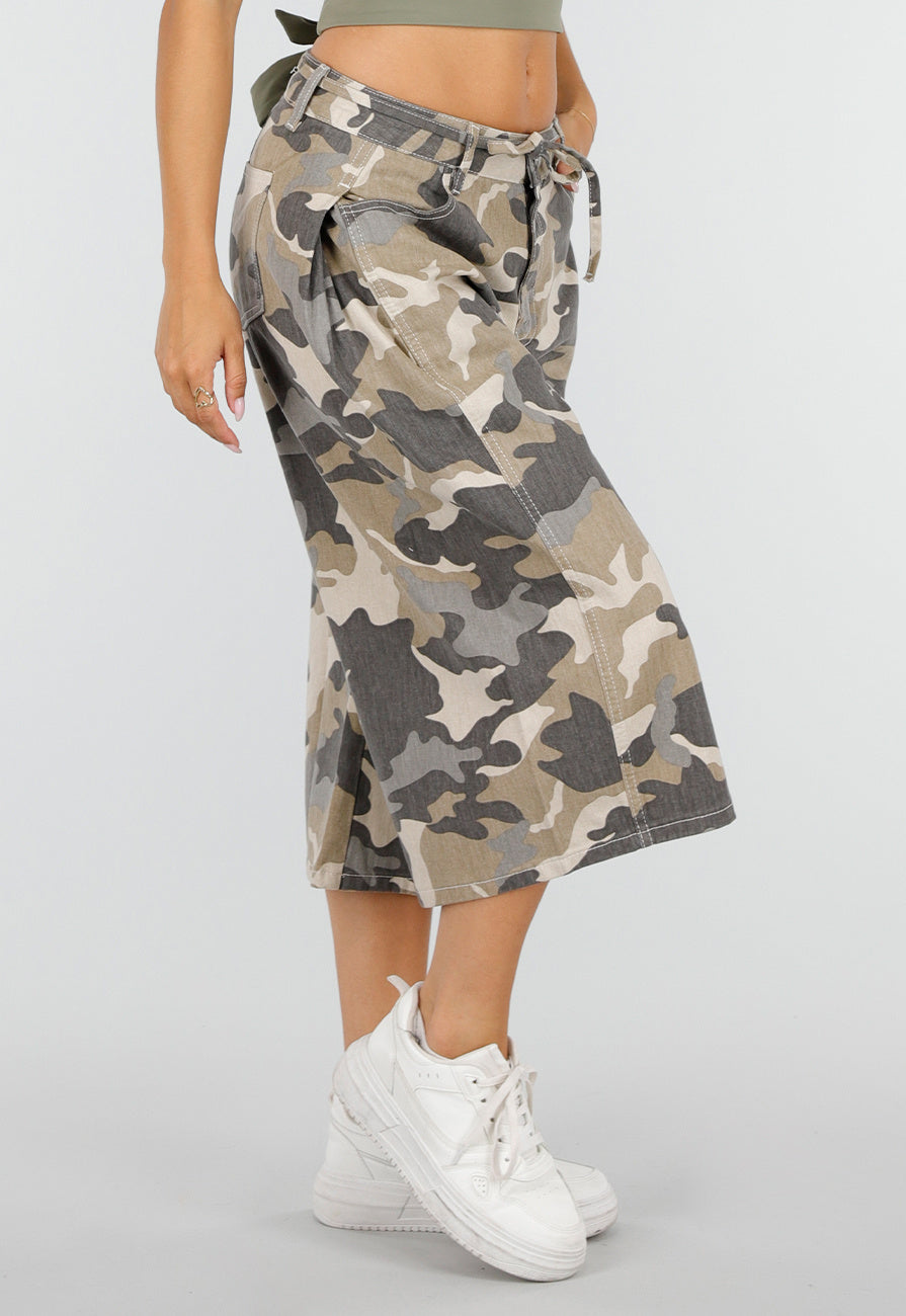 Beige Camouflage Culotte Broek met Lage Taille