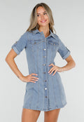 Lichtblauwe Denim Blousejurk met Korte Mouwen en Knoopsluiting