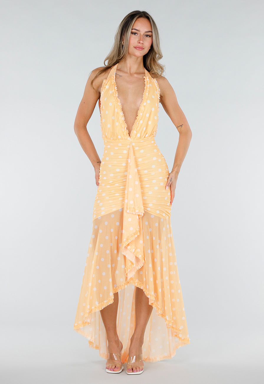 Butter Yellow Halter Maxi Jurk met Polkadot Print, Stretch en Mesh