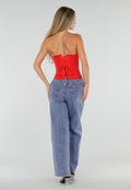 Rood Gestreept Strapless Korset met Baleinen, Beugel en Rits