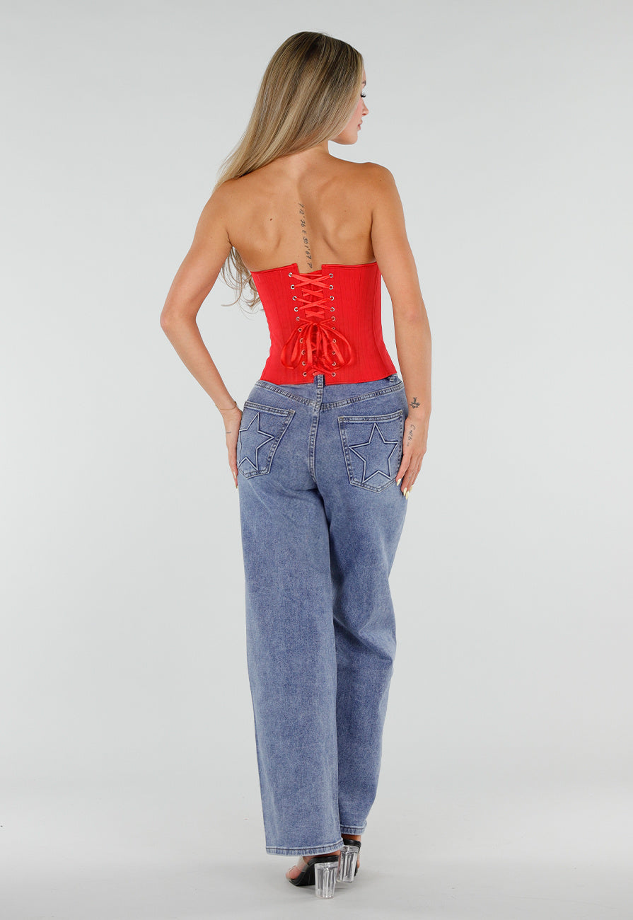 Rood Gestreept Strapless Korset met Baleinen, Beugel en Rits