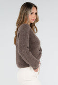 Bruine Gebreide Twist Crop Trui met Lange Mouwen en V-Hals