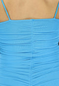 Geplooide Blauwe Bodycon Jurk met Gedrapeerd Detail