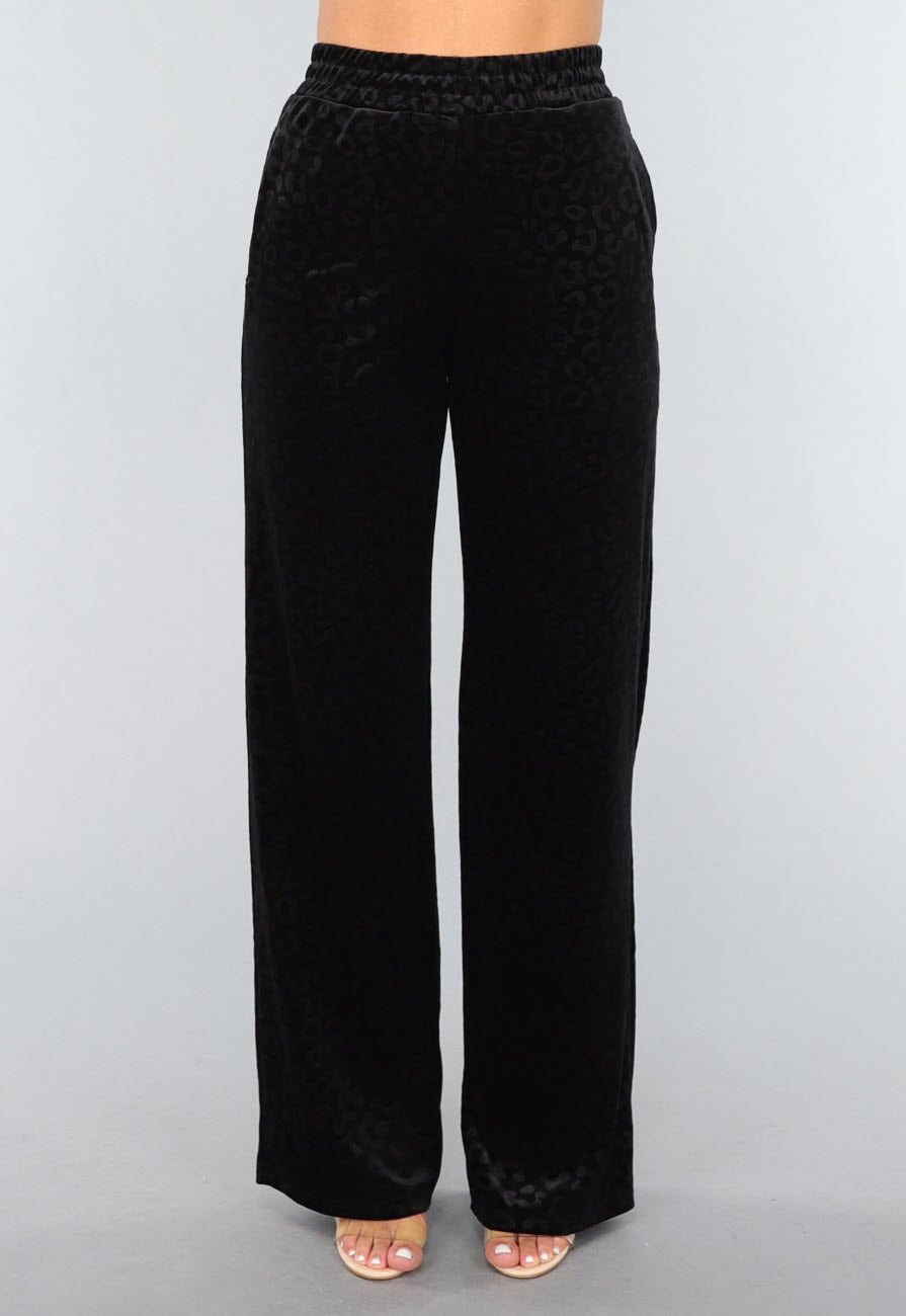 Zwarte Fluwelen Wide Leg Panterprint Broek