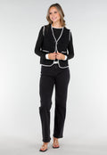 Zwart Teddy Gilet met Witte Randen en Knoopsluiting