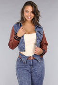 Denim Flared Two Piece met Bruine Lederlook Details