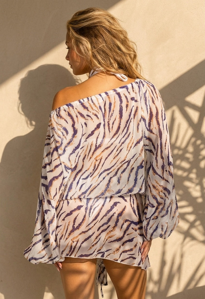 Witte Zebra Print Off Shoulder Jurk met Bandana en Striksluiting