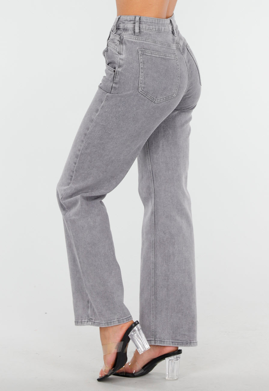 Grijze High Waist Straight Jeans met Licht Gewassen Look