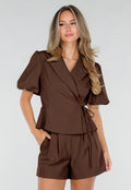 Bruine Blazer met Reverskraag en Korte Pofmouwen