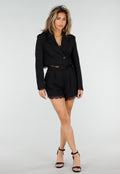 Zwarte Cropped Blazer en Short Set met Kant