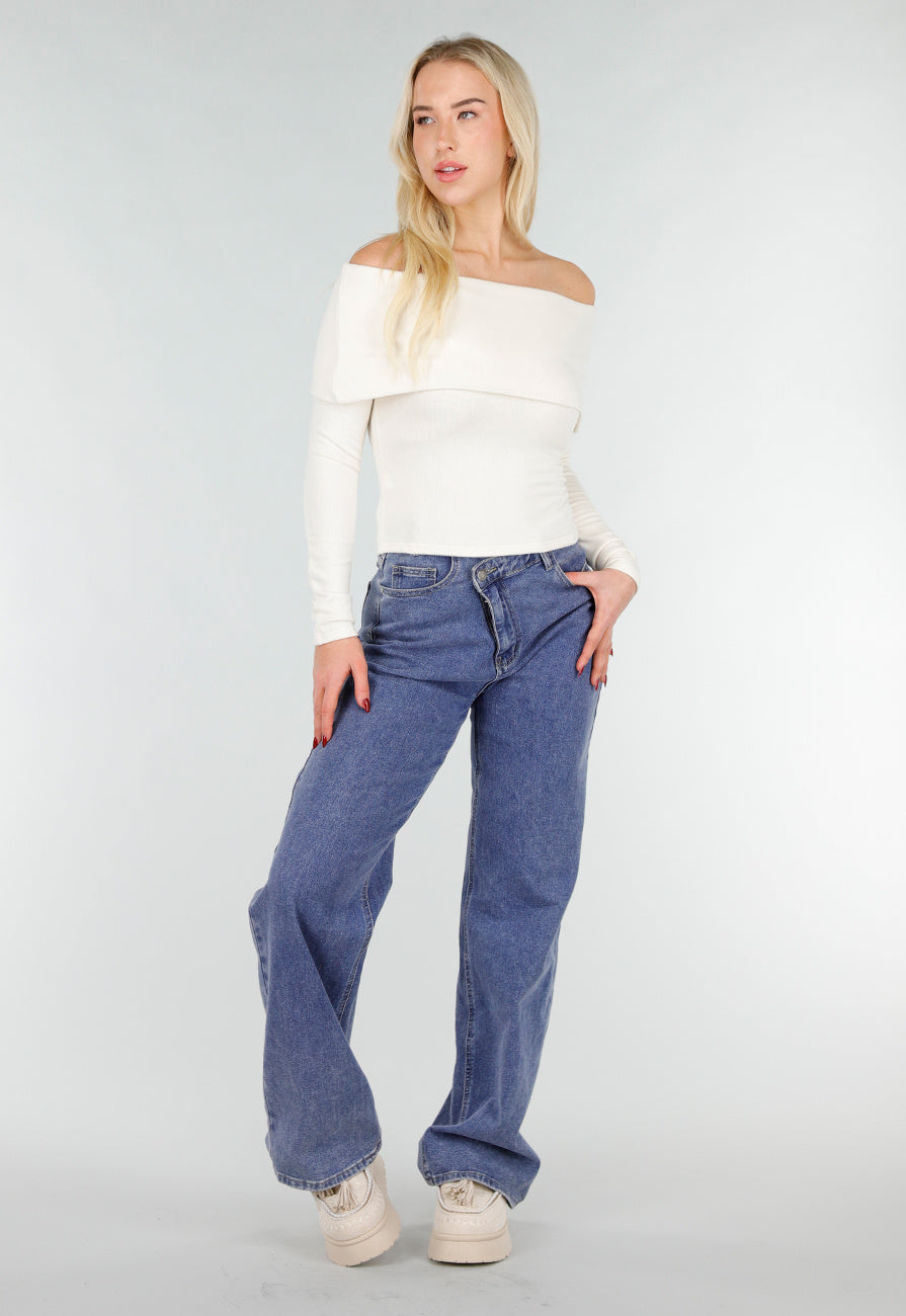 Ecru Off Shoulder Top met Lange Mouw