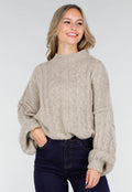 Beige Gebreide Trui met Kabelpatroon en Pofmouwen
